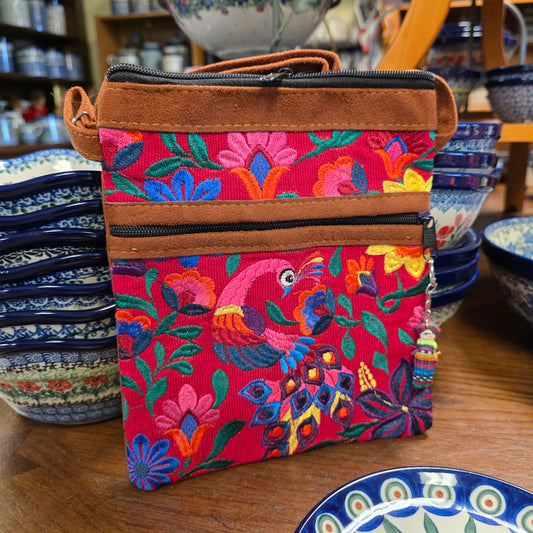 Embroidered Peacock red ~  Faux Leather Crossbody Purse