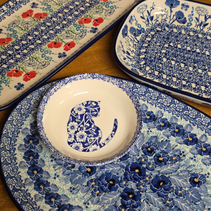 Burleigh ~ BLUE Butter Pat Calico Cat ~ Shallow bowl  *** NOT Polish Pottery