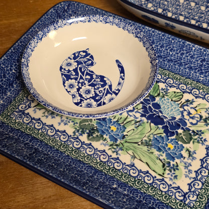 Burleigh ~ BLUE Butter Pat Calico Cat ~ Shallow bowl  *** NOT Polish Pottery