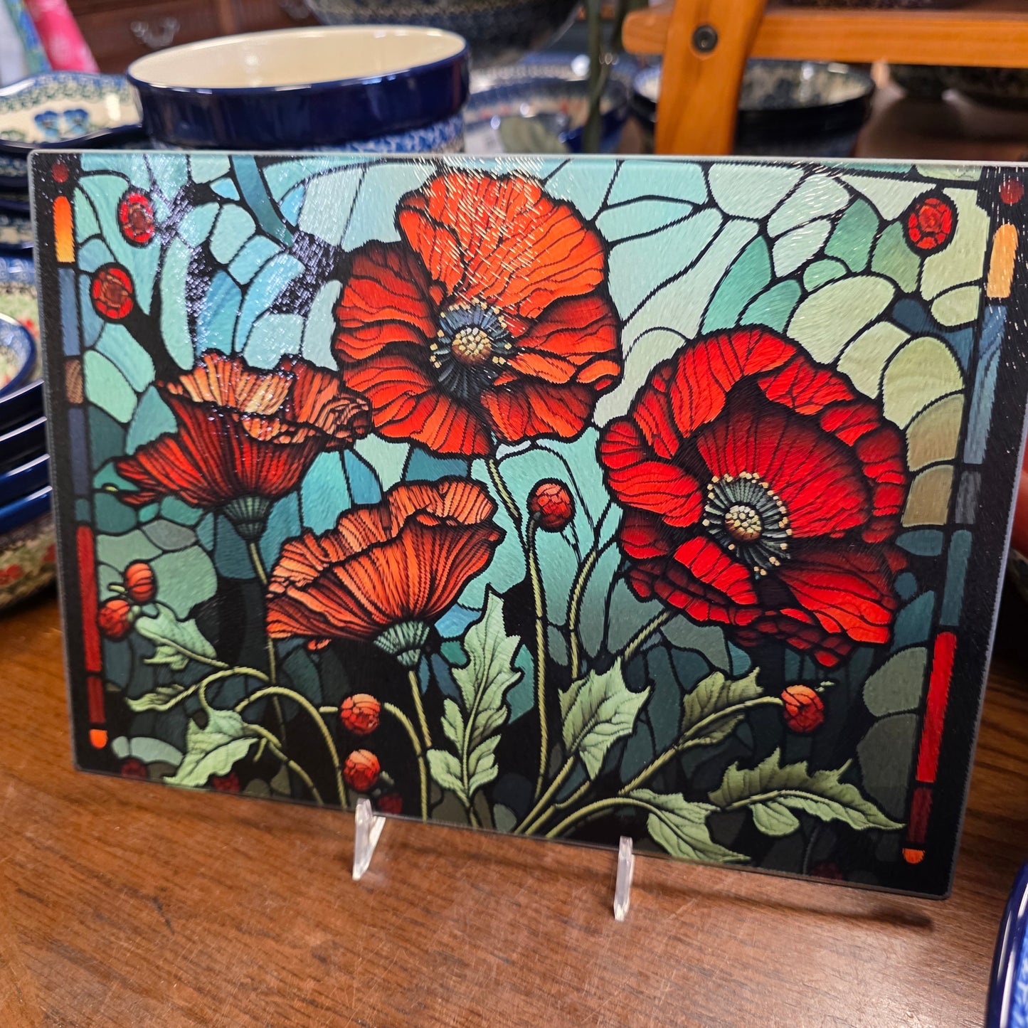Cutting Board: Floral Poppy  8x11 inch Tempered Glass Serving Tray   *** NOT Polish Pottery ***