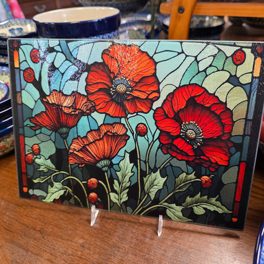 Cutting Board: Floral Poppy  8x11 inch Tempered Glass Serving Tray   *** NOT Polish Pottery ***