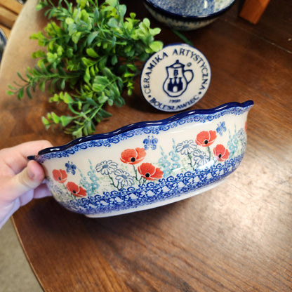 Bowl Oval Baker ~ Fluted Edge 9" x 7.5" x 2 3/4"deep   D78-2901X  Red Poppy Garden pf0526