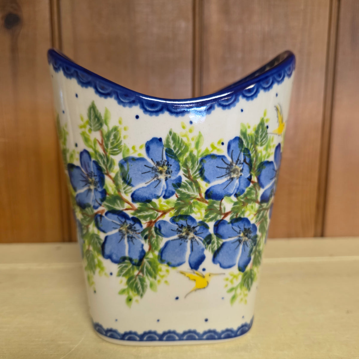 Basket ART2 /1166 Yellow Bird Utensil Holder / UNIKAT blue flowers (6.5" H x 5.5"w)