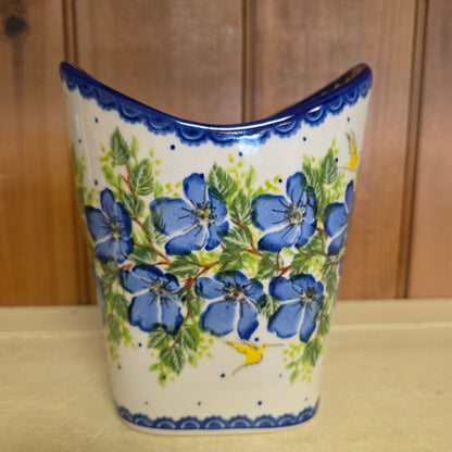 Basket ART2 /1166 Yellow Bird Utensil Holder / UNIKAT blue flowers (6.5" H x 5.5"w)