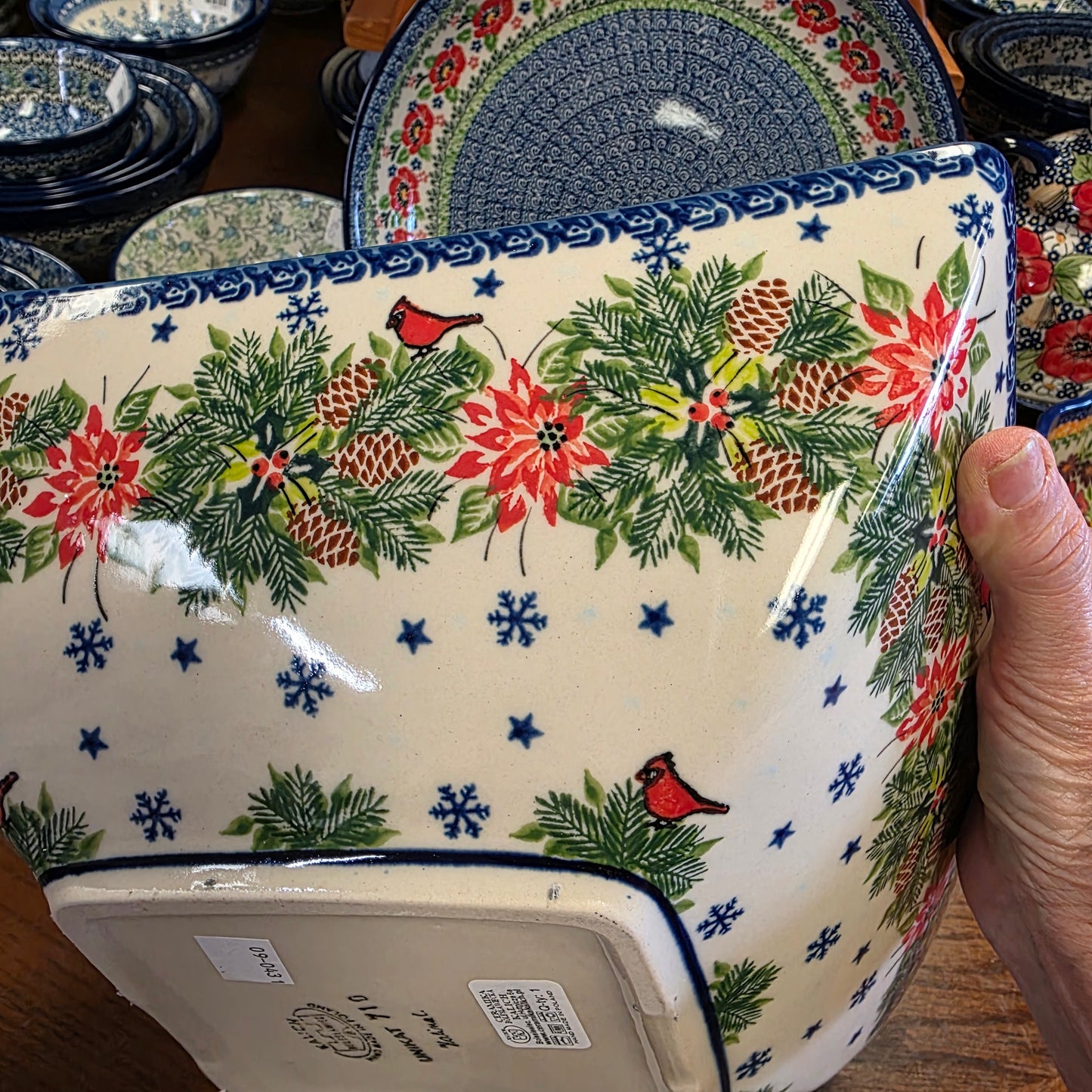 Bowl ~ Square 11" Cardinal and Poinsettia XL