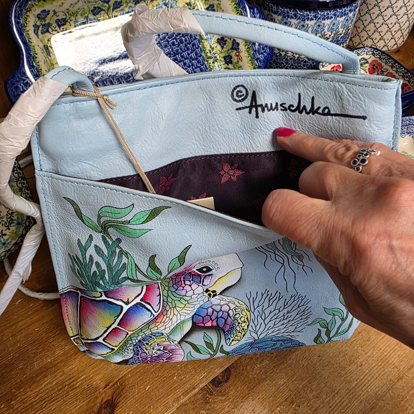 Anuschka ~ slim Crossbody Blue / Turtle front zipper