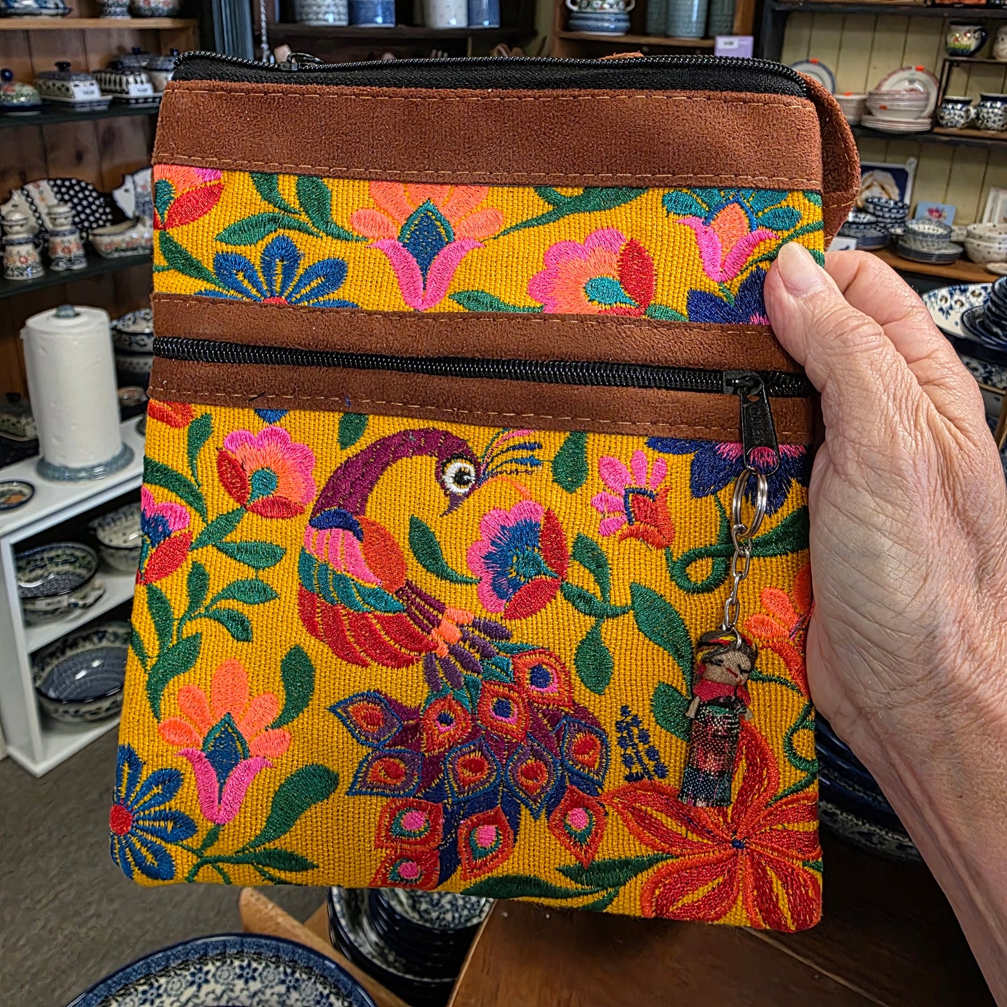 Embroidered Peacock Yellow ~  Faux Leather Crossbody Purse