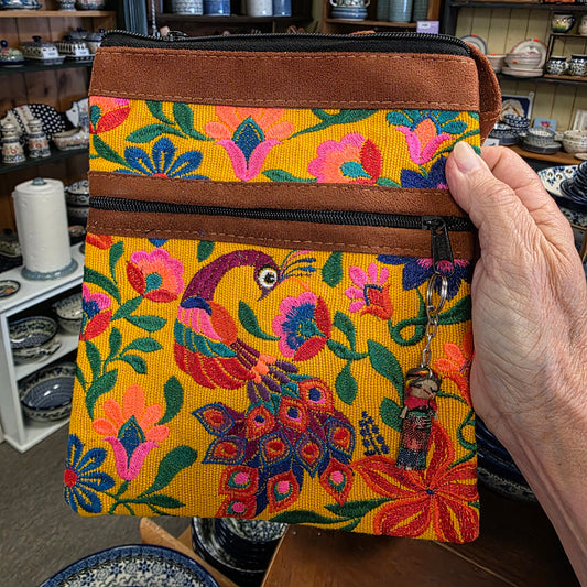 Embroidered Peacock Yellow ~  Faux Leather Crossbody Purse