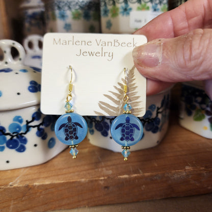 Jewelry ~ Etched Sea Turtle Earrings -  Blue