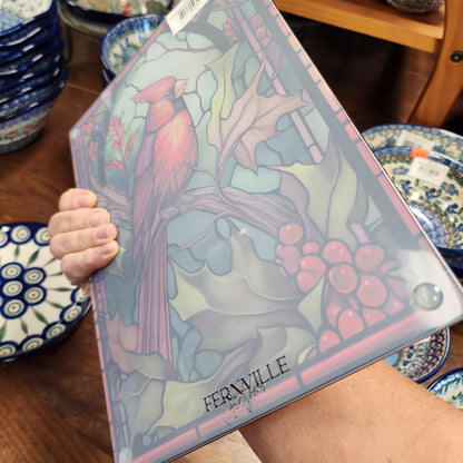 Cutting Board: Cardinals framed in red 8 x 11 Inch   Tempered Glass