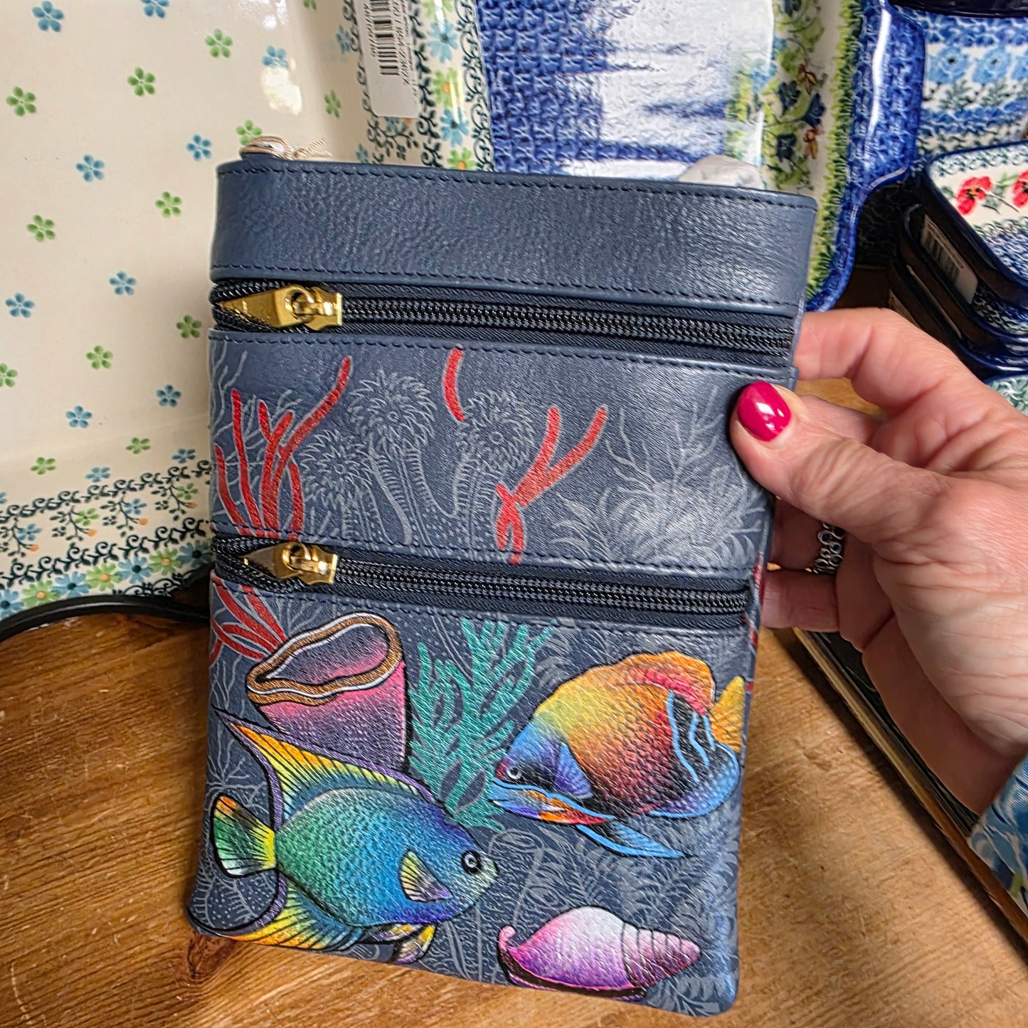 Anuschka ~ Crossbody Blue / Sealife  Double Zip Travel bag