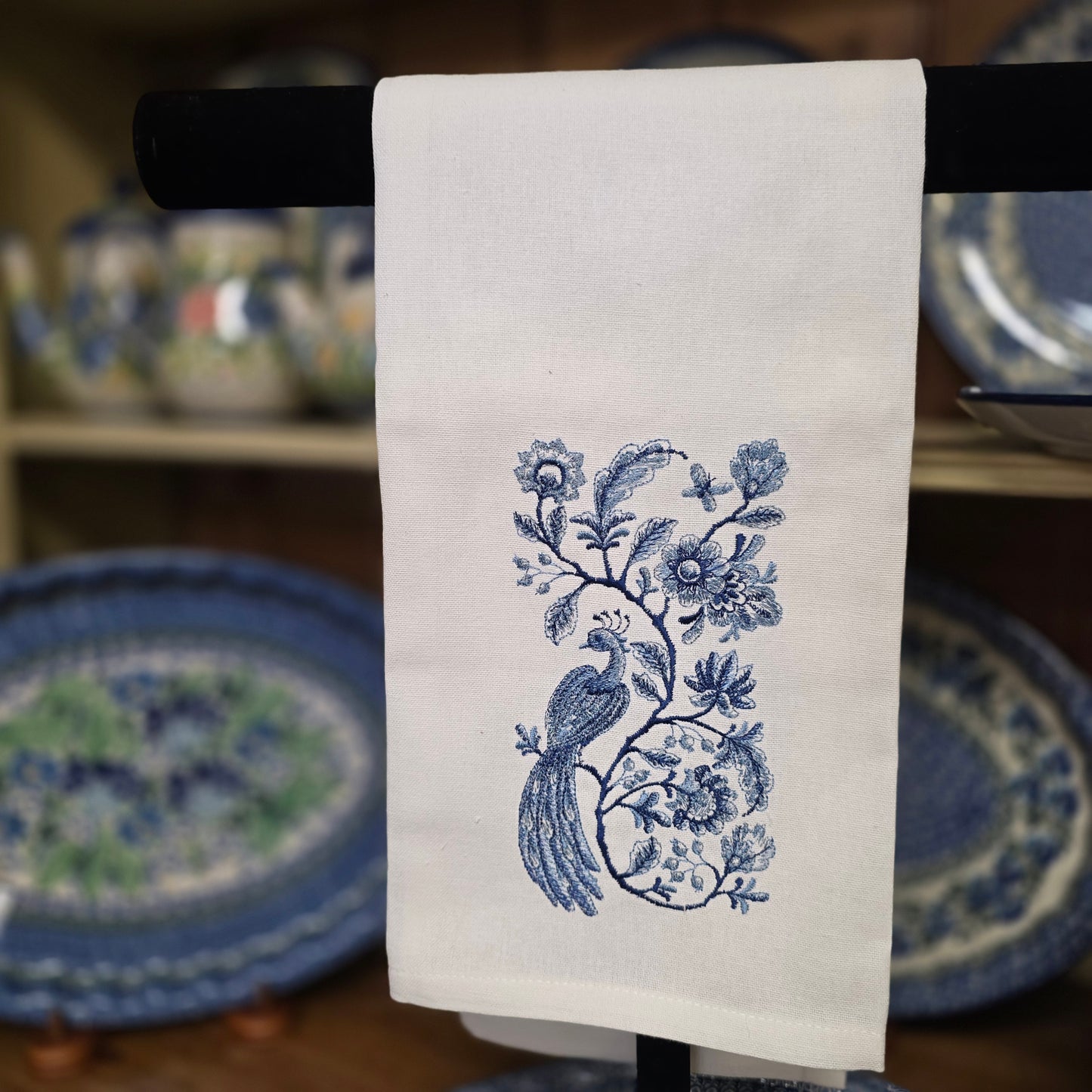 Towel ~Vintage Inspired Delft Blue Tea Towel - Peacock and Flowers