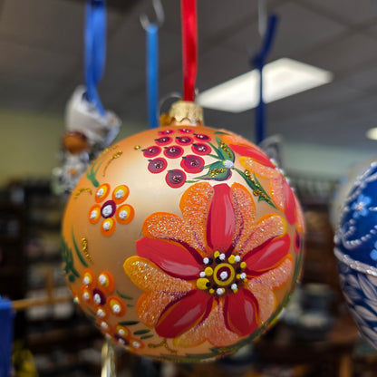Ornament ~ Glass Ball Orange Helenium Flowers / 4"