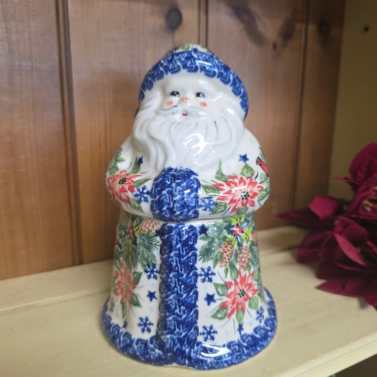 Santa Jar ~ 8" H.  Poinsettia / Cardinal