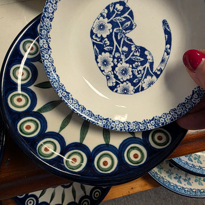 Burleigh ~ BLUE Butter Pat Calico Cat ~ Shallow bowl  *** NOT Polish Pottery