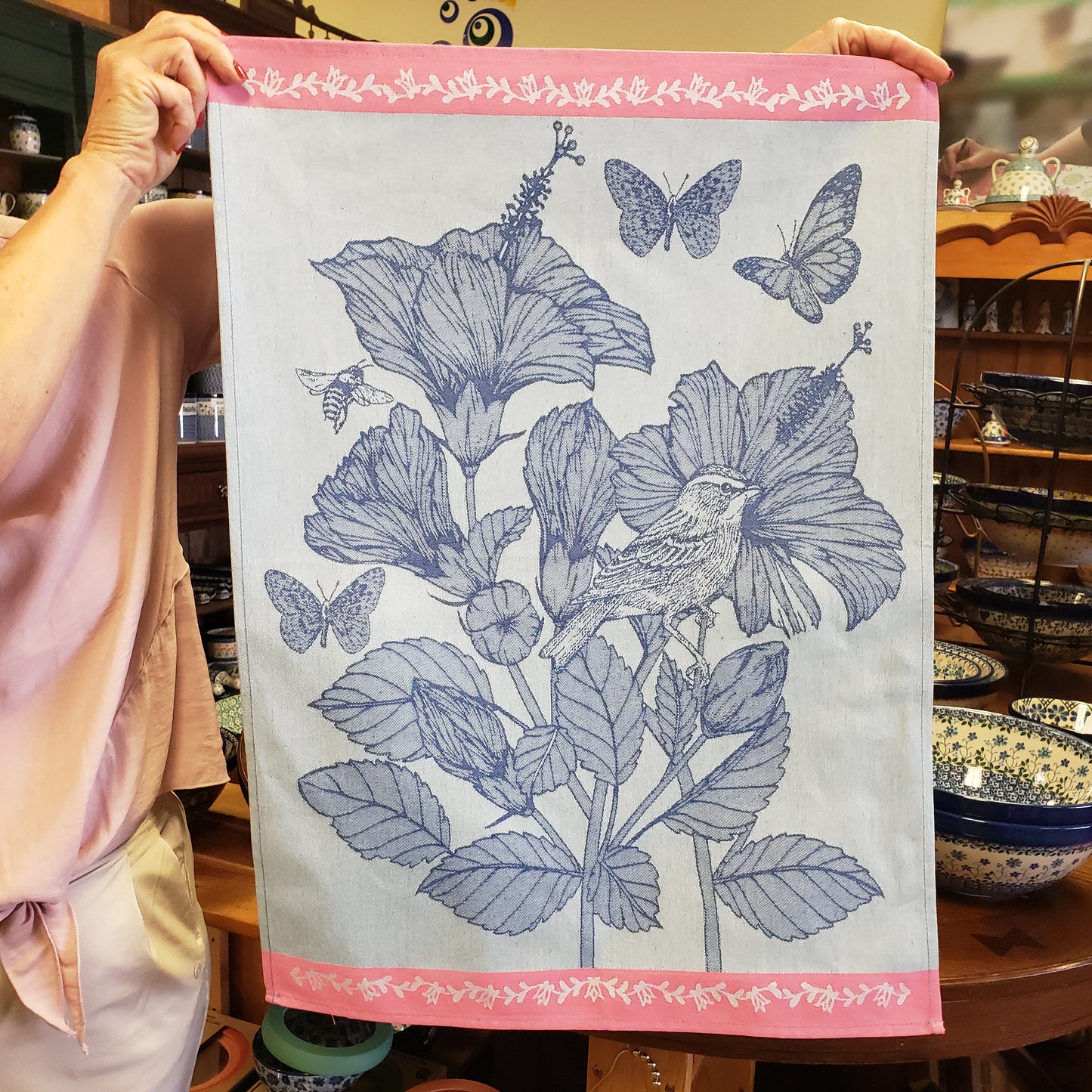Tea Towel blue bird Pink border