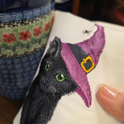 Towel ~ Cat Witch Embroidery Tea Towel - Halloween Kitchen Towe
