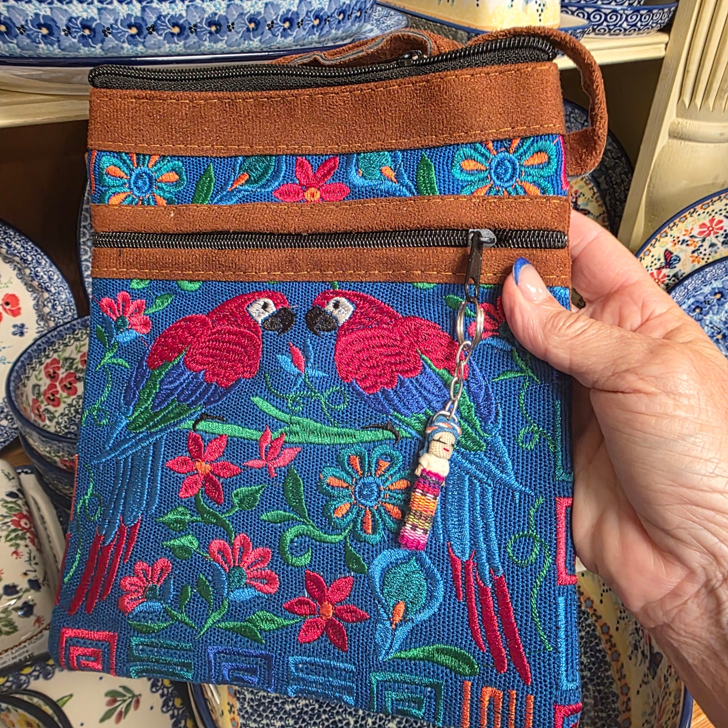 Embroidered Parrots Blue ~  Faux Leather Crossbody Purse