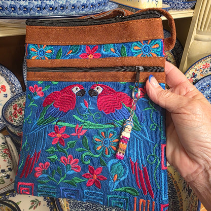 Embroidered Parrots Blue ~  Faux Leather Crossbody Purse