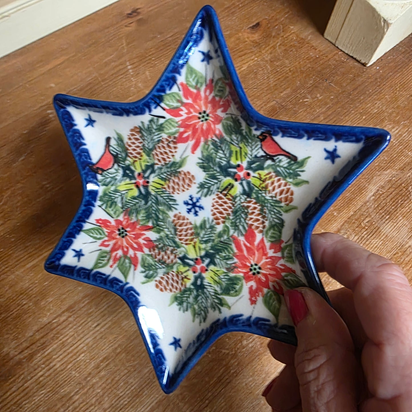 Plate 6.5" ~ Snowflake/star Cardinal pine cones