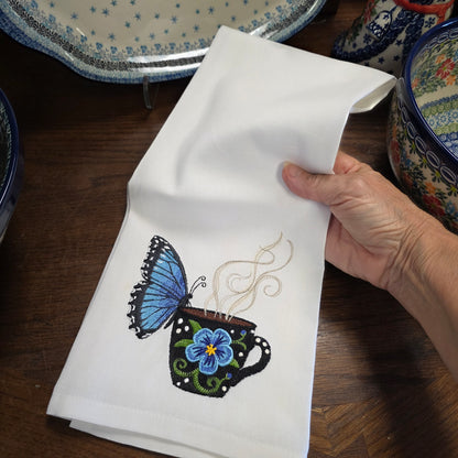Towel ~ Morpho Butterfly On Edge of Cup Tea Towel with Embroidered Detail