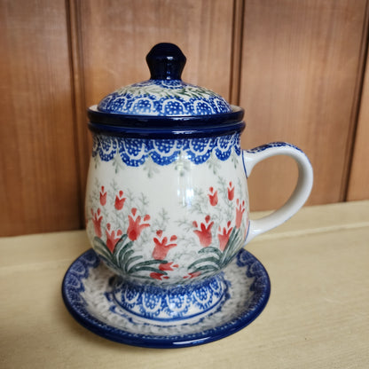 Mug w/Infuser and Saucer ~ 12 oz. 122-1437X Crimson Bells