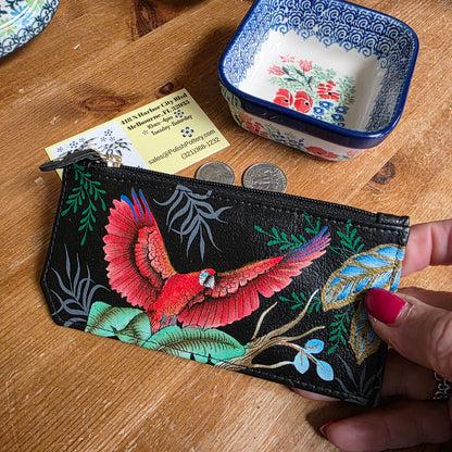 Anuschka ~ Card Case w/zip coin pouch black / parrot  RFID Block