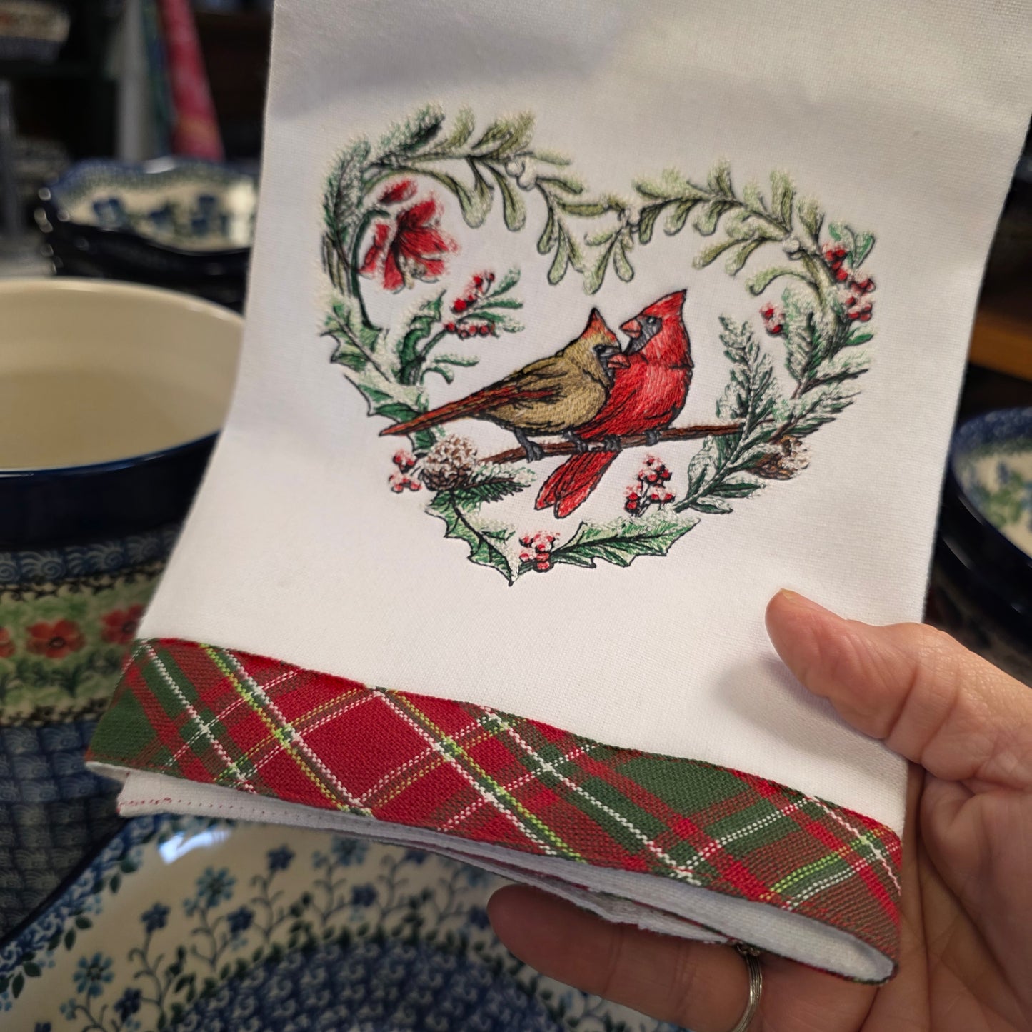 Towel ~ Cardinals Male and Female Cardinals in Heart Tea Towel
