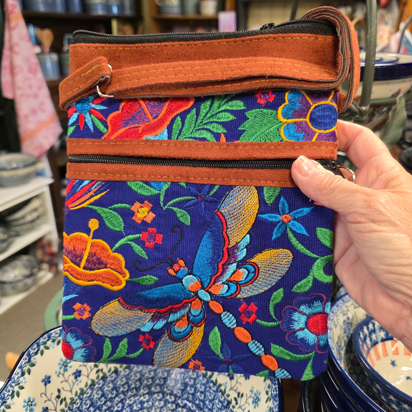 Embroidered Dragonfly purple ~  Faux Leather Crossbody Purse