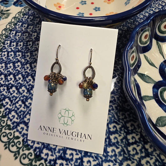 Jewelry ~ Earrings Sacred Heart Czech Glass, Lapis, Carnelian Cluster Earrings