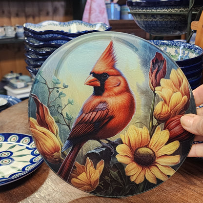 Cutting Board: Cardinal & Flowers 8 inch round   Tempered Glass