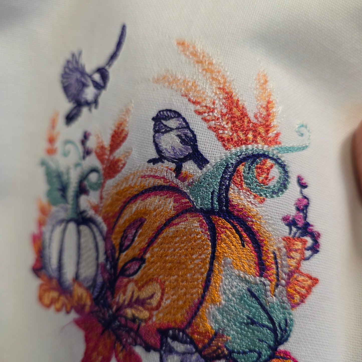 Towel ~ Seasonal Delight Embroidered Tea Towel with Pumpkins, Birds