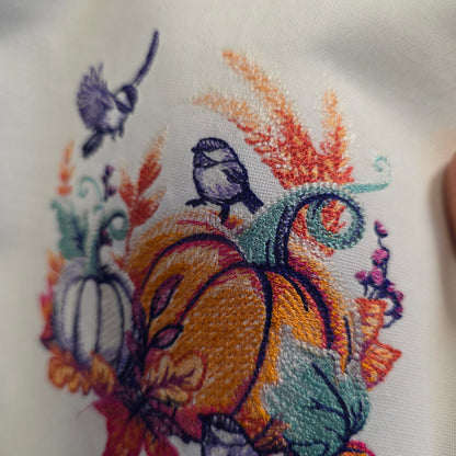 Towel ~ Seasonal Delight Embroidered Tea Towel with Pumpkins, Birds