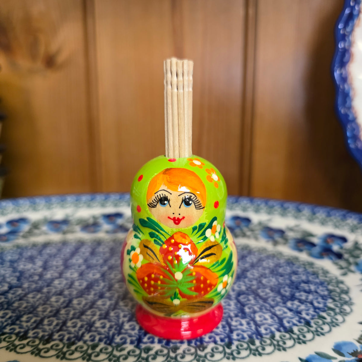 Wooden (A1 ~Green w/strawberries) toothpick holder