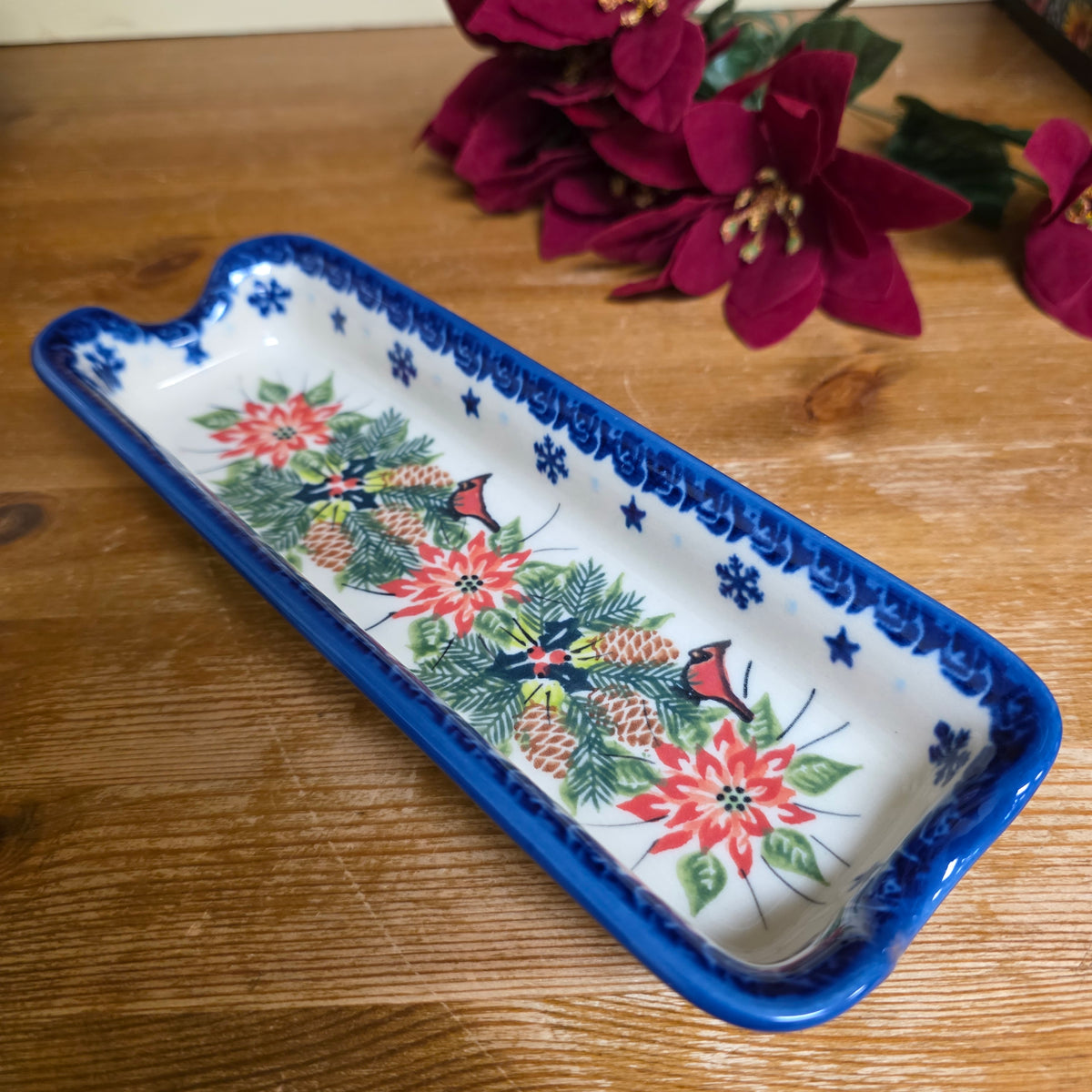 Corn Holder Poinsettia and Cardinals (9") cracker tray