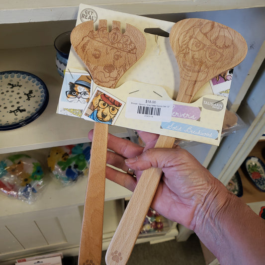 Wooden Dog Salad Spoon Set 12"