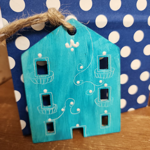 Colorful Houses Ornament~Wooden~turquoise